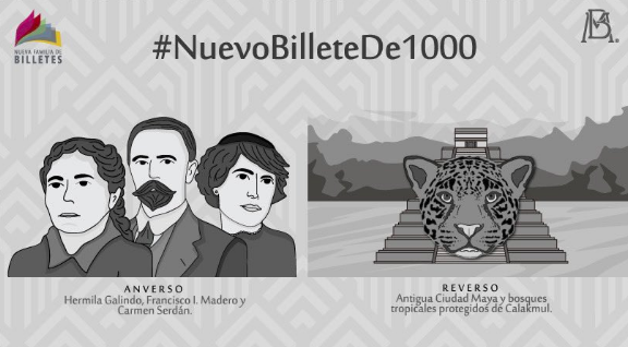 La cuenta de Twitter del Banco de México dio a conocer el nuevo diseño de los billetes que ahora llevarán los dibujos de Hemilia Galindo, Carmen Serdán y Francisco I. Madero.
