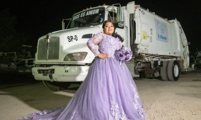 Yukari hace sesión de fotos frente a camión de basura de su papá